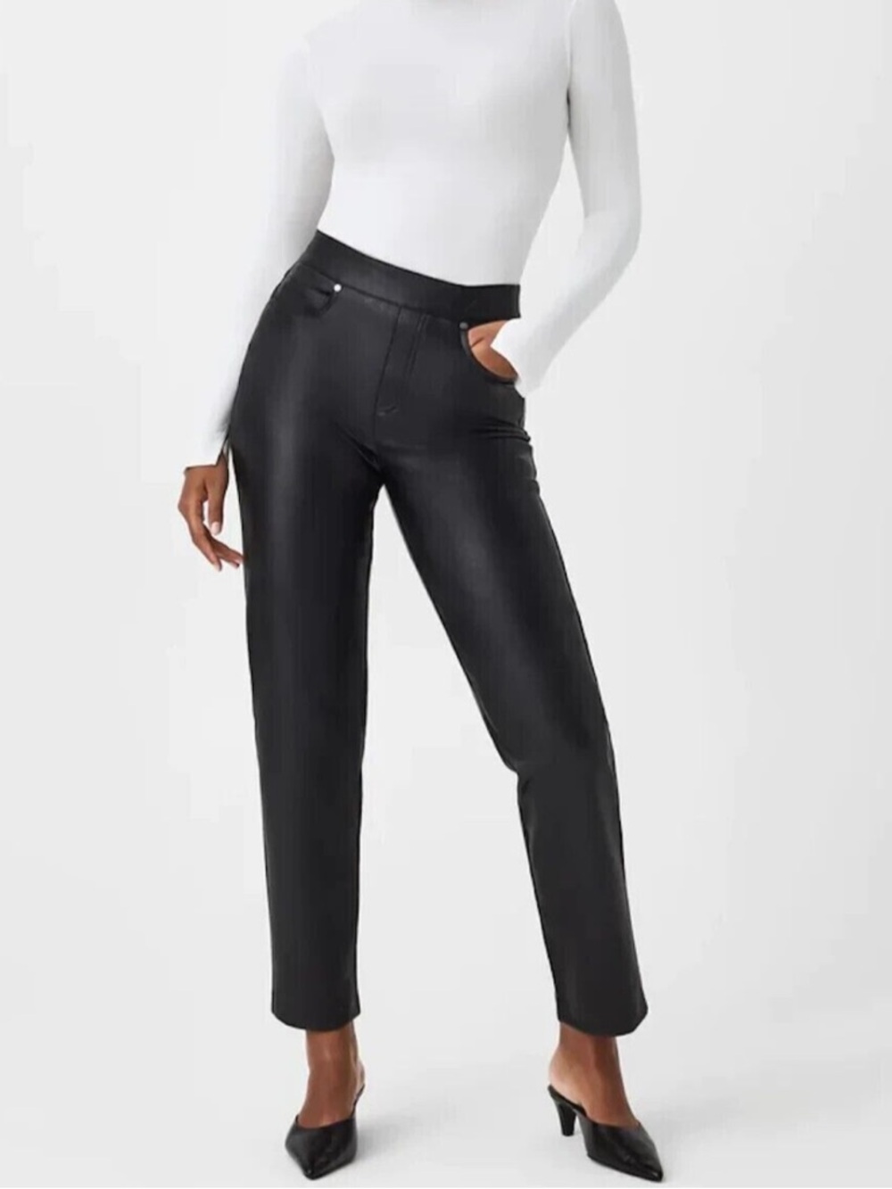 Spanx Slim Straight Solid Black Faux Leather Ankle Pants Sleek Business Casual